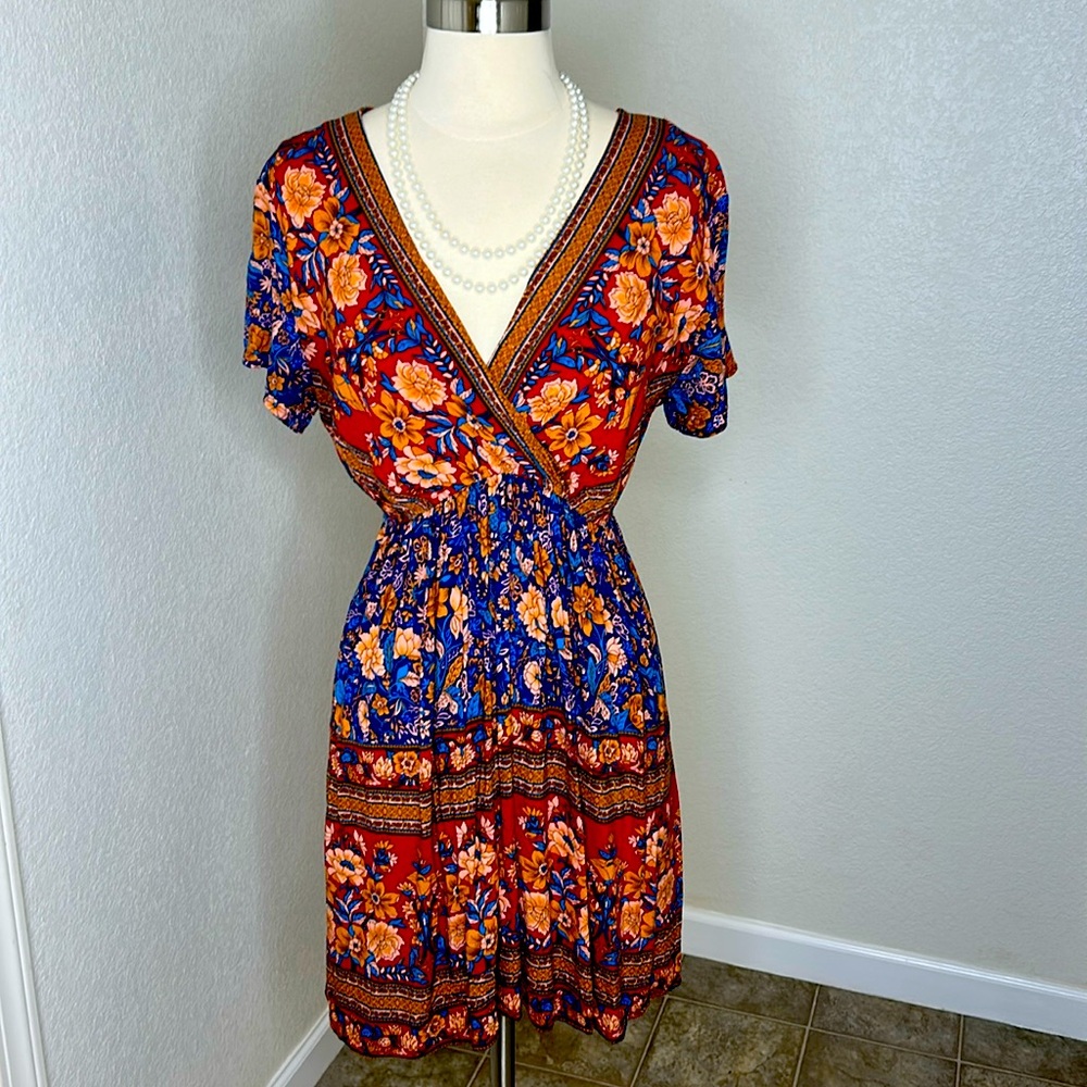 SHEIN Floral Medium dress multi color stretchy waist gently used .